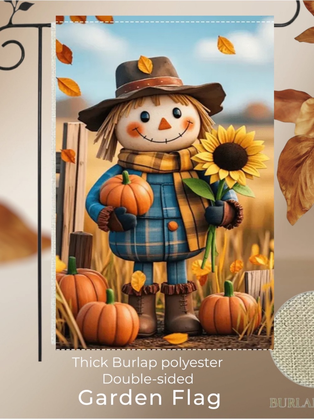 Scarecrow Autumn Fall Garden Flag, Double Sided Burlap, approx 12”x18”